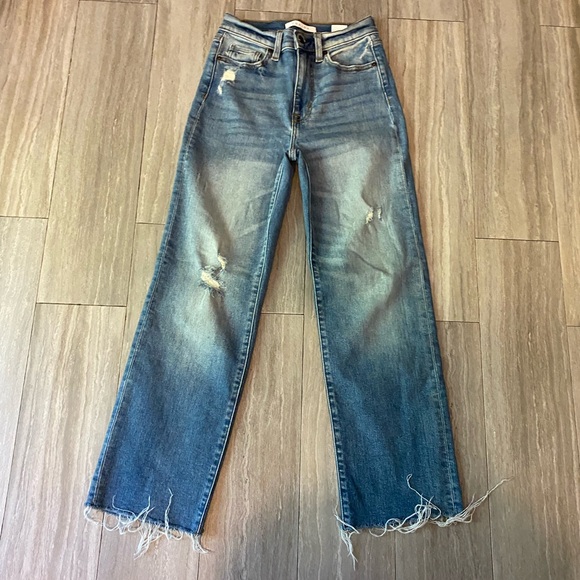 Eunina Jeans Dawn Super High Rise Wide Leg Crop Size 0 24  Light Wash Distressed - Picture 1 of 7